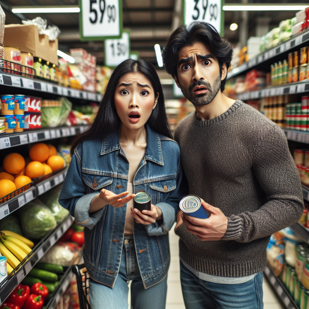 High Quality Couple Shocked by Food Prices at Grocery Store Blank Meme Template