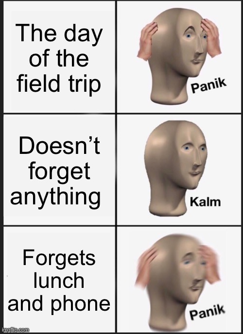 Panik Kalm Panik Meme | The day of the field trip; Doesn’t forget anything; Forgets lunch and phone | image tagged in memes,panik kalm panik | made w/ Imgflip meme maker