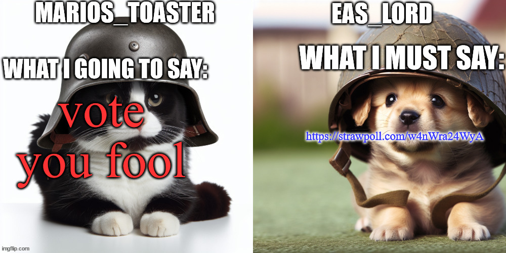 EAS_lord and marios_toaster | https://strawpoll.com/w4nWra24WyA; vote you fool | image tagged in eas_lord and marios_toaster | made w/ Imgflip meme maker