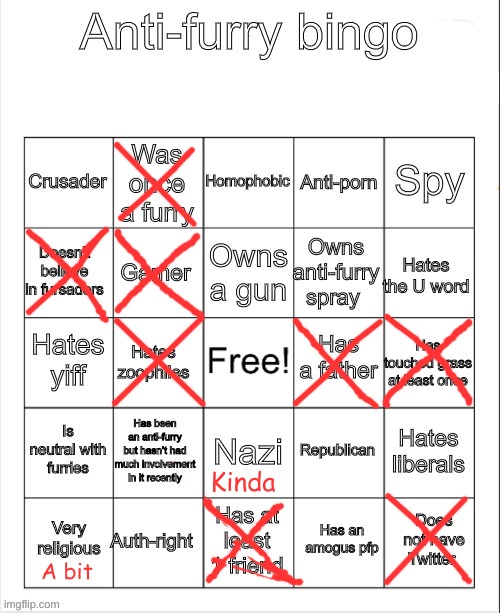 why tf are you kinda a nazi. also w for no longer being a  furry | Kinda; A bit | image tagged in anti-furry bingo | made w/ Imgflip meme maker