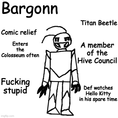 THE BEAST™️ | Bargonn; Titan Beetle; Comic relief; Enters the Colosseum often; A member of the Hive Council; Fucking stupid; Def watches Hello Kitty in his spare time | made w/ Imgflip meme maker