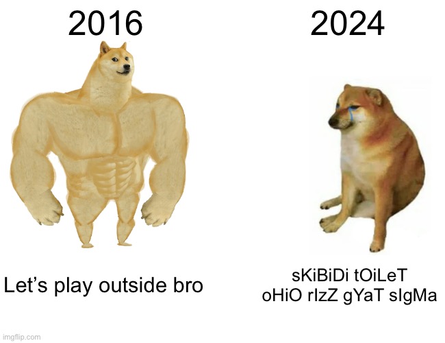 Buff Doge vs. Cheems | 2016; 2024; Let’s play outside bro; sKiBiDi tOiLeT oHiO rIzZ gYaT sIgMa | image tagged in memes,buff doge vs cheems | made w/ Imgflip meme maker