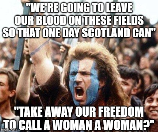 William Wallace is Pissed! | "WE'RE GOING TO LEAVE OUR BLOOD ON THESE FIELDS SO THAT ONE DAY SCOTLAND CAN"; "TAKE AWAY OUR FREEDOM TO CALL A WOMAN A WOMAN?" | image tagged in braveheart freedom | made w/ Imgflip meme maker