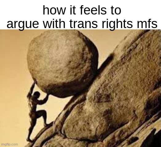 like bro the ones who make that shit their personality can actually lowtiergod | how it feels to argue with trans rights mfs | image tagged in sisyphus | made w/ Imgflip meme maker