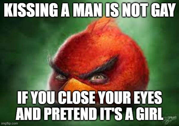 Realistic Red Angry Birds | KISSING A MAN IS NOT GAY; IF YOU CLOSE YOUR EYES AND PRETEND IT'S A GIRL | image tagged in realistic red angry birds | made w/ Imgflip meme maker