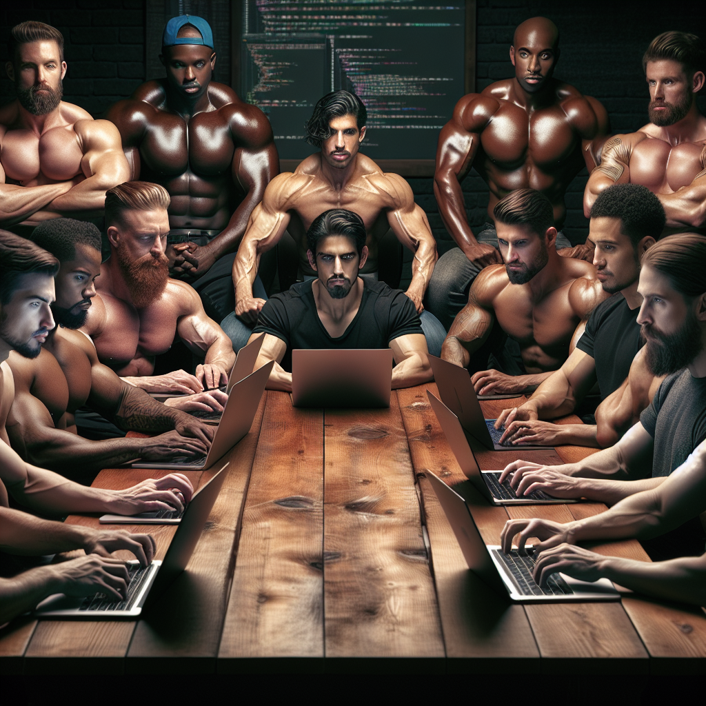 Buff dudes sitting around one table with laptops, programming Blank Meme Template
