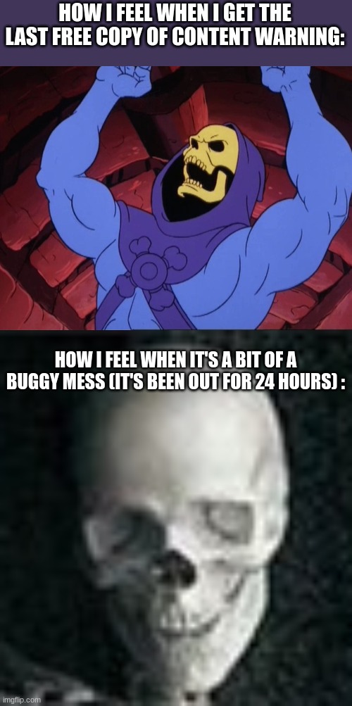 I literaly spent half an hour trying to join a non broken lobby | HOW I FEEL WHEN I GET THE LAST FREE COPY OF CONTENT WARNING:; HOW I FEEL WHEN IT'S A BIT OF A BUGGY MESS (IT'S BEEN OUT FOR 24 HOURS) : | image tagged in skeletor,skull | made w/ Imgflip meme maker