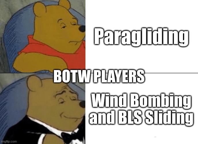 Tuxedo Winnie The Pooh Meme | Paragliding; BOTW PLAYERS; Wind Bombing and BLS Sliding | image tagged in memes,tuxedo winnie the pooh,botw,the legend of zelda breath of the wild,legend of zelda | made w/ Imgflip meme maker