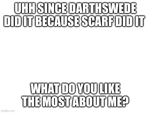 UHH SINCE DARTHSWEDE DID IT BECAUSE SCARF DID IT; WHAT DO YOU LIKE THE MOST ABOUT ME? | made w/ Imgflip meme maker