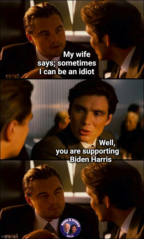 My wife says; sometimes I can be an idiot ... | My wife   
says; sometimes
I can be an idiot; Well,   
you are supporting 
Biden Harris | image tagged in di caprio inception,biden harris | made w/ Imgflip meme maker
