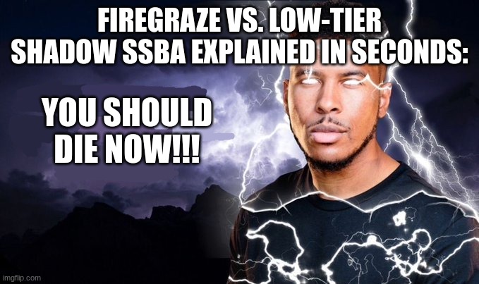 Nah Shadow SSBA win | FIREGRAZE VS. LOW-TIER SHADOW SSBA EXPLAINED IN SECONDS:; YOU SHOULD
DIE NOW!!! | image tagged in you should kill yourself now,ssba uc | made w/ Imgflip meme maker