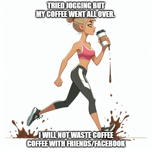 Jogging with coffee | TRIED JOGGING BUT MY COFFEE WENT ALL OVER. I WILL NOT WASTE COFFEE
COFFEE WITH FRIENDS/FACEBOOK | image tagged in coffee cup,jogging,coffee addict | made w/ Imgflip meme maker