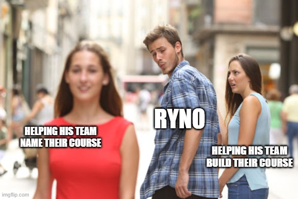 Guy checks out red dress girl | RYNO; HELPING HIS TEAM NAME THEIR COURSE; HELPING HIS TEAM BUILD THEIR COURSE | image tagged in guy checks out red dress girl | made w/ Imgflip meme maker