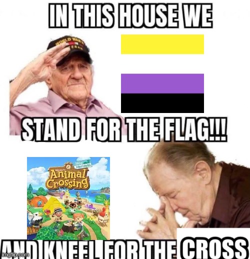 >:3 | image tagged in in this house we stand for the flag and kneel for the cross,lgbtq | made w/ Imgflip meme maker