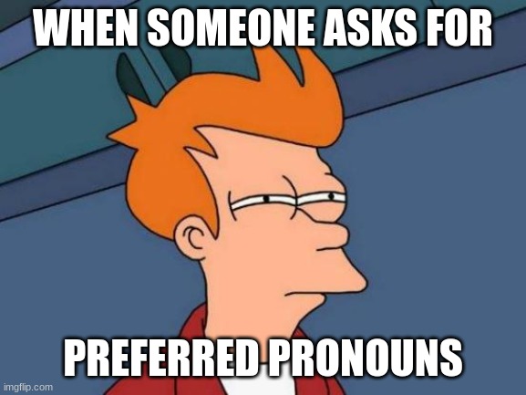 Futurama Fry Meme | WHEN SOMEONE ASKS FOR PREFERRED PRONOUNS | image tagged in memes,futurama fry | made w/ Imgflip meme maker