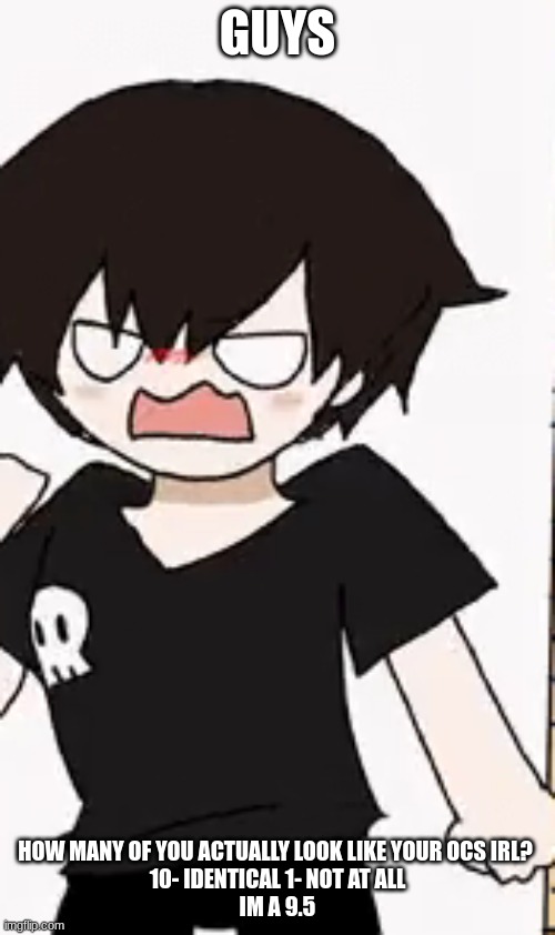 doing it here because im banned in drawings for being too silly | GUYS; HOW MANY OF YOU ACTUALLY LOOK LIKE YOUR OCS IRL? 

10- IDENTICAL 1- NOT AT ALL

IM A 9.5 | image tagged in angryxd | made w/ Imgflip meme maker