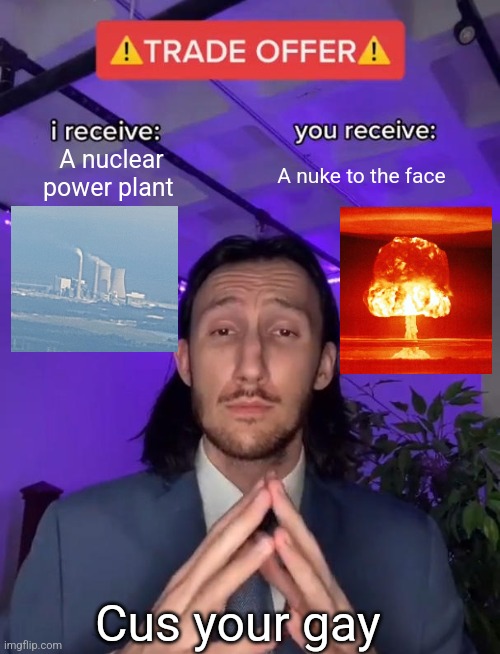 Nuke!!!!!! | A nuclear power plant; A nuke to the face; Cus your gay | image tagged in trade offer | made w/ Imgflip meme maker