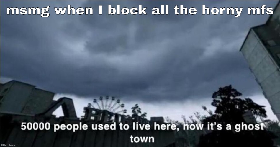 50,000 people used to live here, now it's a ghost town | msmg when I block all the horny mfs | image tagged in 50 000 people used to live here now it's a ghost town | made w/ Imgflip meme maker