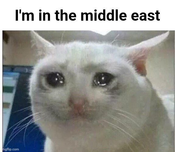 crying cat | I'm in the middle east | image tagged in crying cat | made w/ Imgflip meme maker