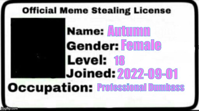 Autumn’s Meme Stealing License | image tagged in autumn s meme stealing license | made w/ Imgflip meme maker
