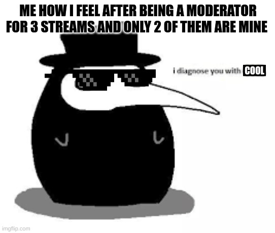 Real RN | ME HOW I FEEL AFTER BEING A MODERATOR FOR 3 STREAMS AND ONLY 2 OF THEM ARE MINE; COOL | image tagged in i diagnose you with plague doctor | made w/ Imgflip meme maker