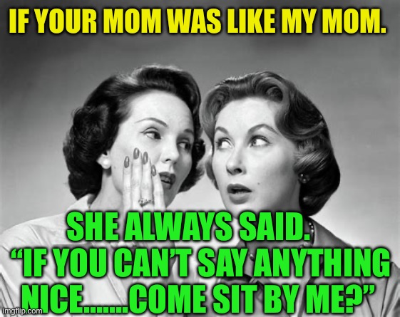 If you can’t say anything nice….sit by me | IF YOUR MOM WAS LIKE MY MOM. SHE ALWAYS SAID.     “IF YOU CAN’T SAY ANYTHING NICE…….COME SIT BY ME?” | image tagged in gifs,funny,gossip,moms | made w/ Imgflip meme maker