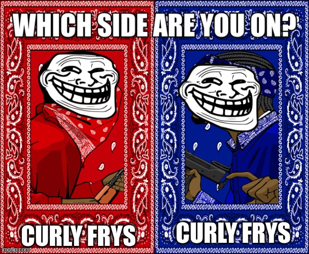 WHICH SIDE ARE YOU ON? | CURLY FRYS; CURLY FRYS | image tagged in which side are you on | made w/ Imgflip meme maker