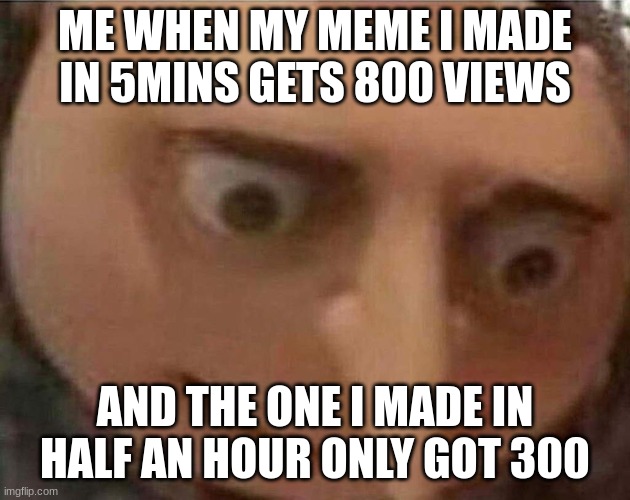 gru meme | ME WHEN MY MEME I MADE IN 5MINS GETS 800 VIEWS; AND THE ONE I MADE IN HALF AN HOUR ONLY GOT 300 | image tagged in gru meme | made w/ Imgflip meme maker