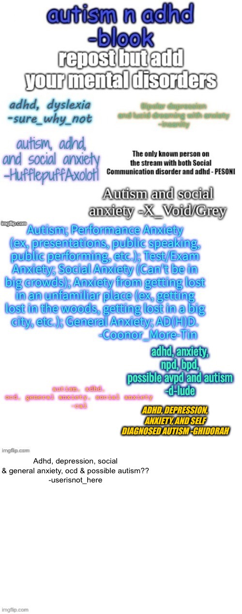 My mom wont let me get an autism assessment but I'm pretty sure I am autistic | ADHD, DEPRESSION, ANXIETY, AND SELF DIAGNOSED AUTISM -GHIDORAH | made w/ Imgflip meme maker