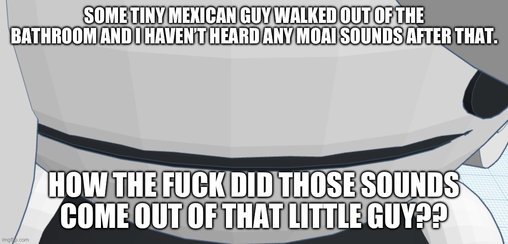 Sexy Chrono bean stare | SOME TINY MEXICAN GUY WALKED OUT OF THE BATHROOM AND I HAVEN’T HEARD ANY MOAI SOUNDS AFTER THAT. HOW THE FUCK DID THOSE SOUNDS COME OUT OF THAT LITTLE GUY?? | image tagged in sexy chrono bean stare | made w/ Imgflip meme maker