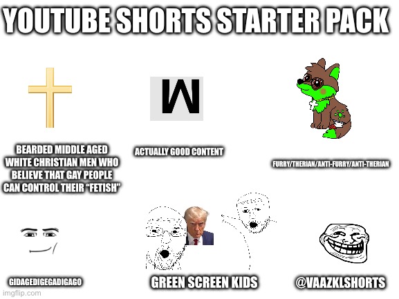 Blank White Template | YOUTUBE SHORTS STARTER PACK; BEARDED MIDDLE AGED WHITE CHRISTIAN MEN WHO BELIEVE THAT GAY PEOPLE CAN CONTROL THEIR “FETISH”; ACTUALLY GOOD CONTENT; FURRY/THERIAN/ANTI-FURRY/ANTI-THERIAN; @VAAZKLSHORTS; GIDAGEDIGEGADIGAGO; GREEN SCREEN KIDS | image tagged in blank white template | made w/ Imgflip meme maker