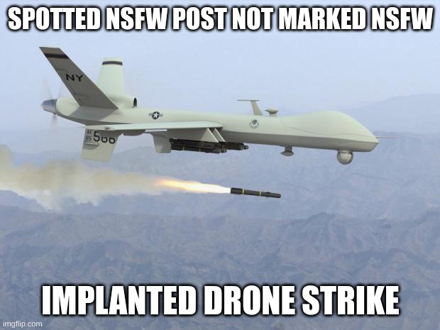drone | SPOTTED NSFW POST NOT MARKED NSFW IMPLANTED DRONE STRIKE | image tagged in drone | made w/ Imgflip meme maker