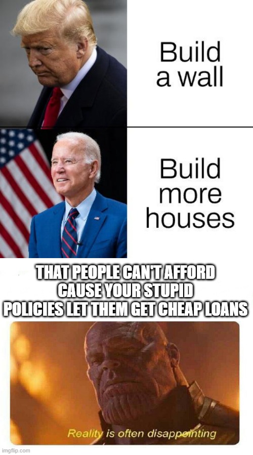 Reality | THAT PEOPLE CAN'T AFFORD CAUSE YOUR STUPID POLICIES LET THEM GET CHEAP LOANS | image tagged in disappointing reality | made w/ Imgflip meme maker