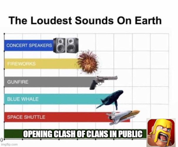 So true | OPENING CLASH OF CLANS IN PUBLIC | image tagged in the loudest sounds on earth | made w/ Imgflip meme maker