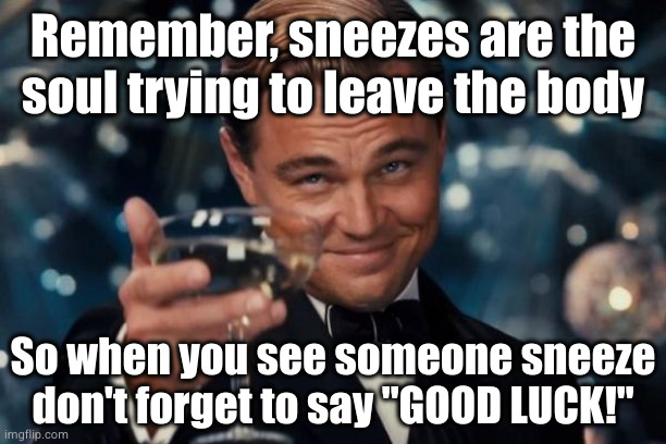 maybe it would help if I drilled a hole in my skull first | Remember, sneezes are the soul trying to leave the body; So when you see someone sneeze don't forget to say "GOOD LUCK!" | image tagged in memes,leonardo dicaprio cheers | made w/ Imgflip meme maker