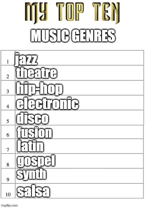 honorable mentions go to: german pop. not american pop, that shit is garbage. also folk music is an honorable mention | MUSIC GENRES; jazz; theatre; hip-hop; electronic; disco; fusion; latin; gospel; synth; salsa | image tagged in top ten list better | made w/ Imgflip meme maker