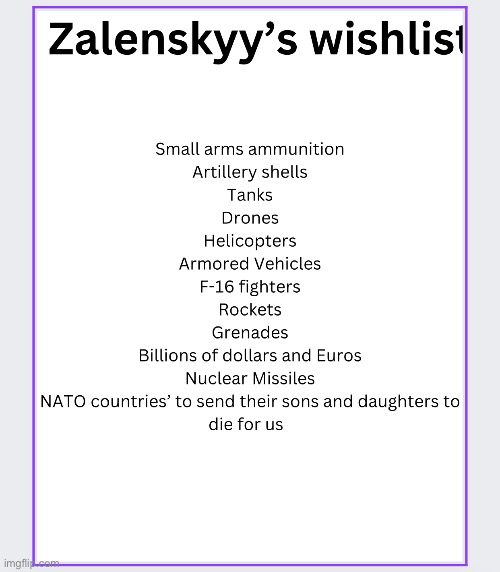 Zalenskyy’s wishlist | image tagged in wishlist,zalenskyy | made w/ Imgflip meme maker