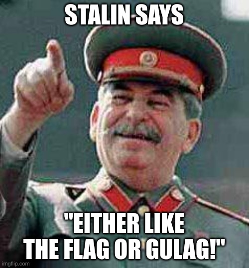 Stalin says | STALIN SAYS "EITHER LIKE THE FLAG OR GULAG!" | image tagged in stalin says | made w/ Imgflip meme maker