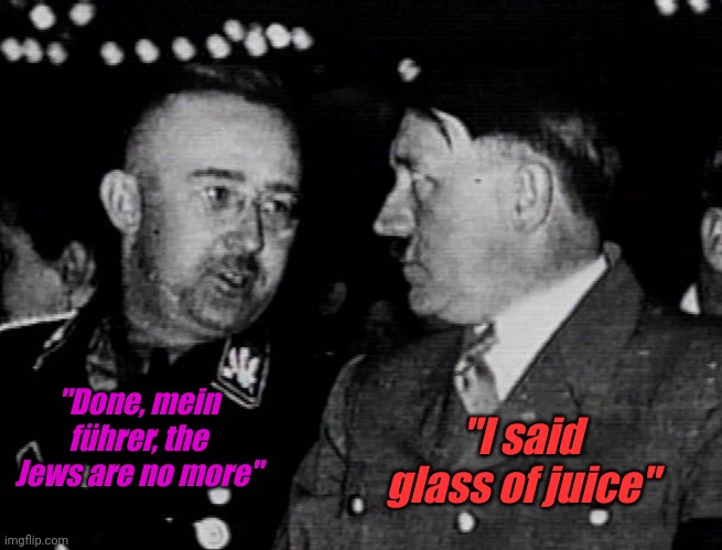 '_' | "Done, mein führer, the Jews are no more"; "I said glass of juice" | image tagged in grammar nazis himmler and hitler | made w/ Imgflip meme maker