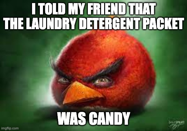 Realistic Red Angry Birds | I TOLD MY FRIEND THAT THE LAUNDRY DETERGENT PACKET; WAS CANDY | image tagged in realistic red angry birds,funny,funny memes,funny meme,meme,memes | made w/ Imgflip meme maker