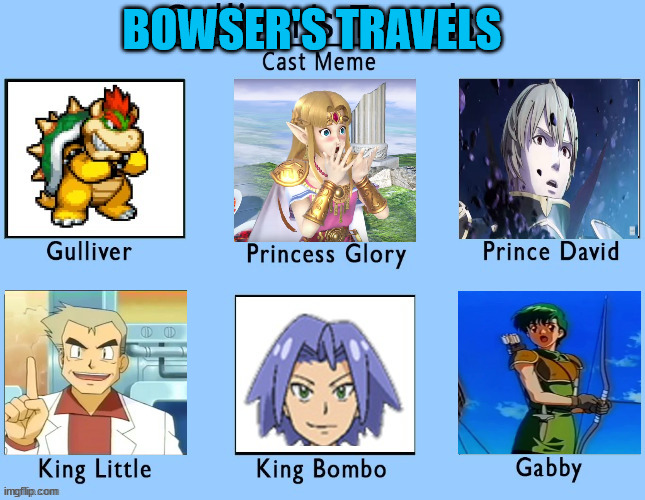 bowser's travels | BOWSER'S TRAVELS | image tagged in movie cast meme,bowser,travel,nintendo,fire emblem,movie | made w/ Imgflip meme maker