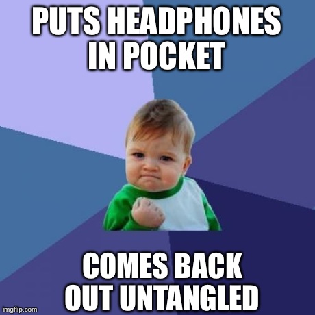 I doubt it will happen again | PUTS HEADPHONES IN POCKET  COMES BACK OUT UNTANGLED | image tagged in memes,success kid | made w/ Imgflip meme maker