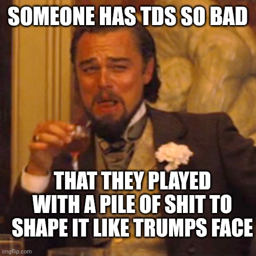 Laughing Leo Meme | SOMEONE HAS TDS SO BAD THAT THEY PLAYED WITH A PILE OF SHIT TO SHAPE IT LIKE TRUMPS FACE | image tagged in memes,laughing leo | made w/ Imgflip meme maker