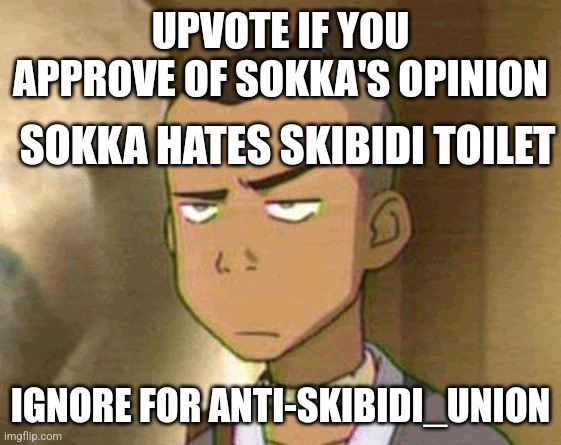 Sokka Disaproves | UPVOTE IF YOU APPROVE OF SOKKA'S OPINION; SOKKA HATES SKIBIDI TOILET; IGNORE FOR ANTI-SKIBIDI_UNION | image tagged in sokka disaproves | made w/ Imgflip meme maker