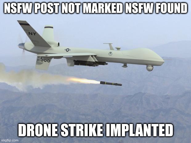 drone | NSFW POST NOT MARKED NSFW FOUND DRONE STRIKE IMPLANTED | image tagged in drone | made w/ Imgflip meme maker