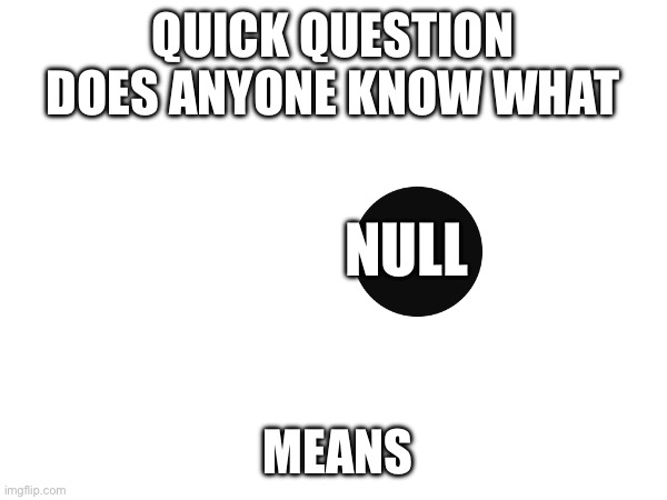 Question | QUICK QUESTION DOES ANYONE KNOW WHAT; NULL; MEANS | image tagged in blank | made w/ Imgflip meme maker