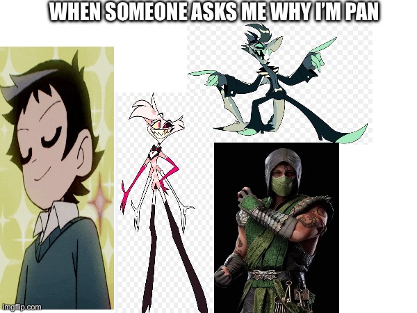 And they ain’t the half of it | WHEN SOMEONE ASKS ME WHY I’M PAN | image tagged in lgbtq,cartoon crushes,hazbin hotel,helluva boss,scott pilgrim,mortal kombat | made w/ Imgflip meme maker