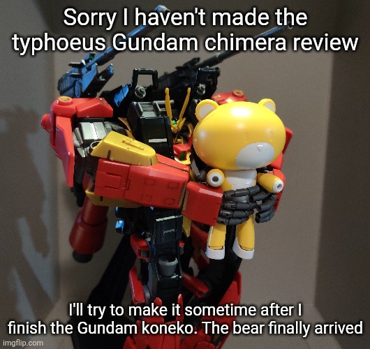 I've been meaning to do it ever since I finished panel-lining | Sorry I haven't made the typhoeus Gundam chimera review; I'll try to make it sometime after I finish the Gundam koneko. The bear finally arrived | made w/ Imgflip meme maker