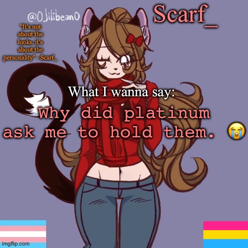 Scarf_ Announcement Template | Why did platinum ask me to hold them. 😭 | image tagged in scarf_ announcement template | made w/ Imgflip meme maker