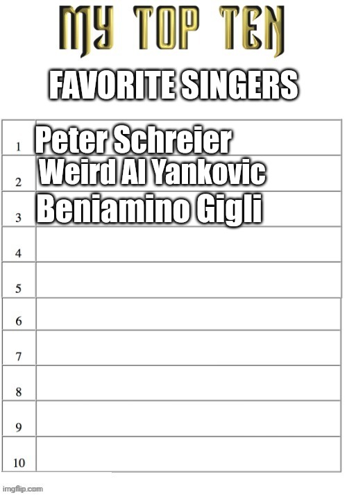 As of 2024 | FAVORITE SINGERS; Peter Schreier; Weird Al Yankovic; Beniamino Gigli | image tagged in top ten list better | made w/ Imgflip meme maker